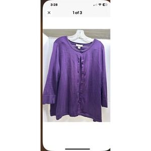 Coldwater Creek Sweater Women Extra Large Purple 3/4 Sleeve Cardigan Cotton Silk